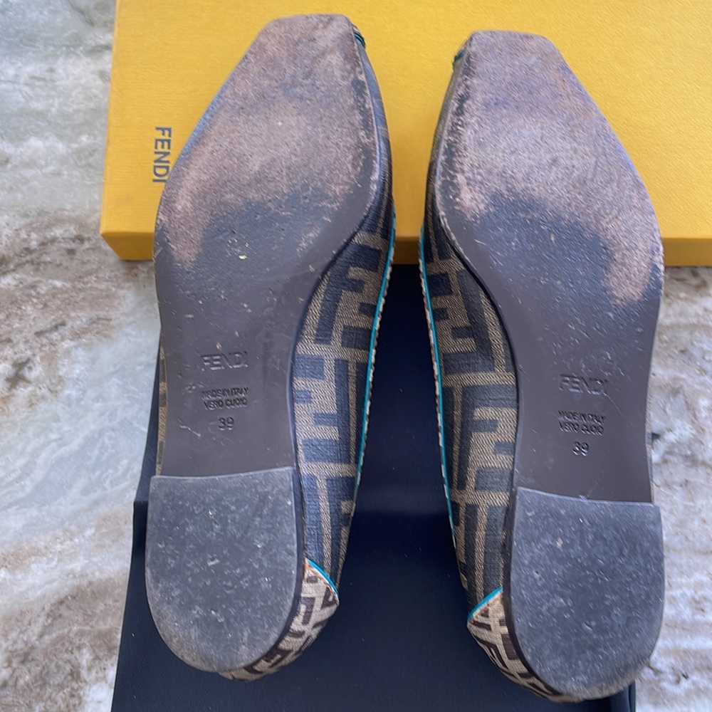Fendi Brown Monogram Canvas Peep-Toe Flats - Picture 7 of 9